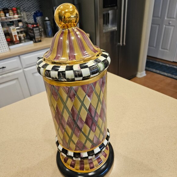RARE MACKENZIE CHILDS ARGYLE PLAID AURORA CERAMIC COLUMN STORAGE CANISTER JAR - Picture 4 of 16